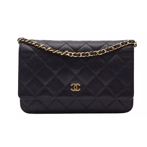 CHANEL BLACK CAVIAR QUILTED WALLET ON CHAIN BAG - Picture 1 of 14