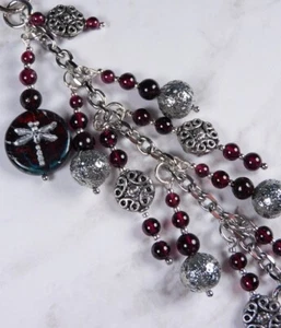 Dragonfly Garnet Beaded Chain Handmade Purse Charm Bag Clip Red Silver New - Picture 1 of 5