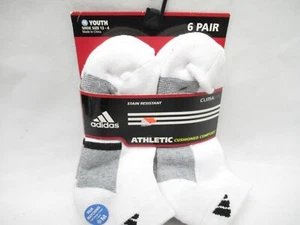6 PAIRS: YOUTH ADIDAS CLIMALITE ATHLETIC LOW SOCKS (WHT/BLK) SZ: 13-4 - Picture 1 of 4