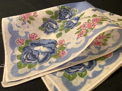 9037🌟Винтажный 30-х цветочный свадебный синий розы свадебный носовой платок - Изображение 1 из 4