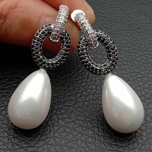 Teardrop White Sea Shell Pearl Cz pave Stud Earrings - Picture 1 of 8