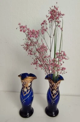 2 kleine französische Jugendstil Vasen, mundgebl. Glas, Gold-Emaille, Legras ? - Bild 1 von 4