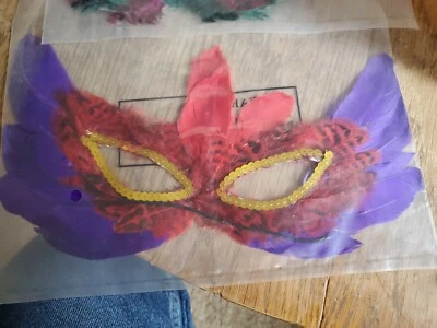 Purple / Red Feather Masquerade Ball Mardi Gras Halloween Mask - Image 1 of 2