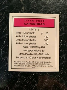 Monopoly LORD OF THE RINGS Trilogy Edition Caradhras TITLE DEED CARD 2003 Hasbro - Picture 1 of 2