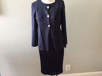 Dana Buchman Petite 3 Tres Piezas Azul Marino Chaqueta Plisada Falda Concha Nueva S Foto 1 de 4