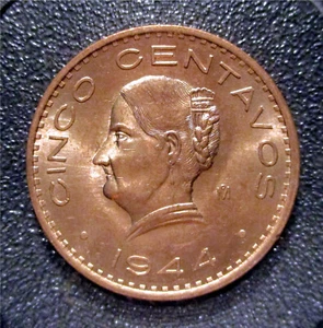 MEXICO -1944 Mo 5 CENTAVOS, JOSEFA DE DOMINGUEZ-BRONZE BU-6.5g., KM#424 SEC - Picture 1 of 3