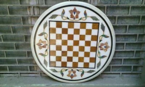 12'' white Marble Chess Table Top Pietra Dura Inlay malachite Children Game p26 - Picture 1 of 4