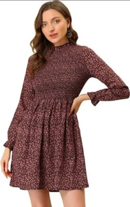 Allegra K Women Ruffle Neck Long Sleeve A-Line Smocked Floral Dress Size L Pink - Picture 1 of 9