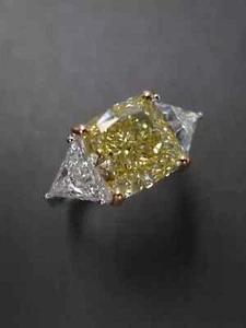 Cushion Cut 4.00 Ct Lab-Grown Vivid Yellow Diamond 3-Stone Ring 14Kt White Gold - Picture 1 of 8