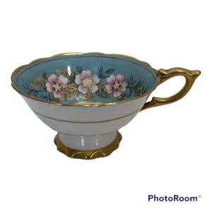 Taza de té Royal Stafford SOLO azul "Guirnalda" floral dorado flores rosas borde dorado - Imagen 1 de 12