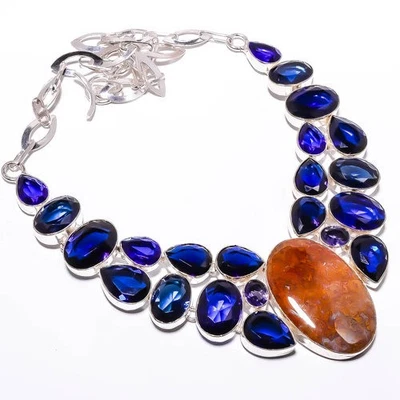 Ожерелье ювелирное с имитацией серебряного покрытия валун опал синий сапфир 17,99 дюйма - Изображение 1 из 4