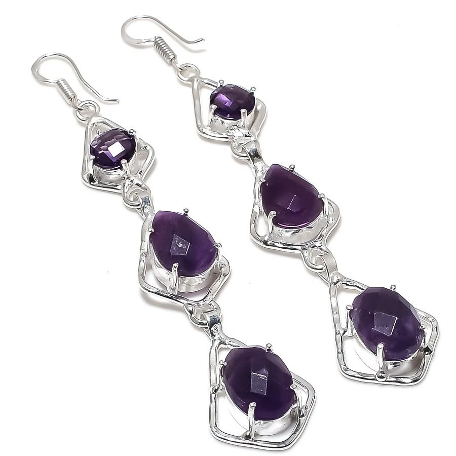 Pendiente de plata de ley 925 hecho a mano con piedras preciosas de amatista púrpura tamaño 3"" Foto 1 de 1