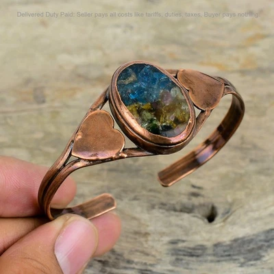 Copper Watermelon Tourmaline Gemstone Bezel Electroformed Heart Bangle Jewelry - Image 1 of 4