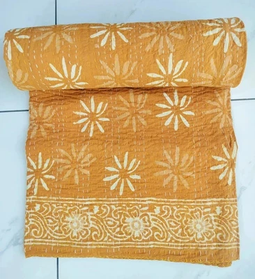 Indian Cotton Kantha King Size Hand Block Print Handmade Quilt Bedspread Blanket - Image 1 of 4