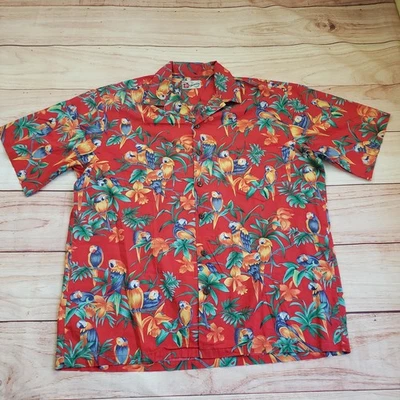 Camisa havaiana Hilo Hattie masculina extra grande papagaio vermelho floral botão para cima Magnum PI - Imagem 1 de 4