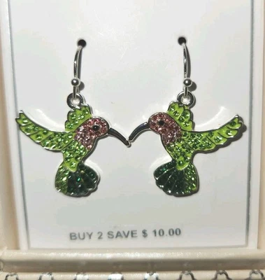 Pendientes Colibrí Colgante Gancho Pavimentar Estrás Pájaro Mosca PLATA VERDE ROSA Foto 1 de 4