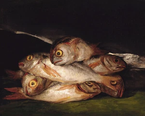 Antique Still Life with Fishes Moody Painting Giclee Print on Fine Art Paper - Picture 1 of 4