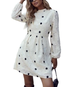 Ace by Aimee Beige Polka Dot Lace Bishop-Sleeve A-Line Dress Size M - Bild 1 von 1