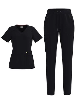 Women's 4 Way STRETCH Panel Side Top with Zipper Trim Cargo Scrub Pants - Image 1 of 4