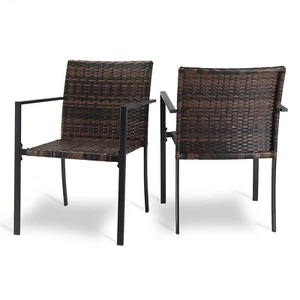 All-Weather Set of 2 Stackable Outdoor Wicker Patio Dining Chairs with Armrests - Picture 1 of 8