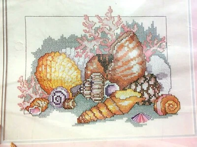 Bucilla Stamped Cross Stitch kit 40675 SEASHELLS 16" x12"  shells coral beach - Image 1 of 4