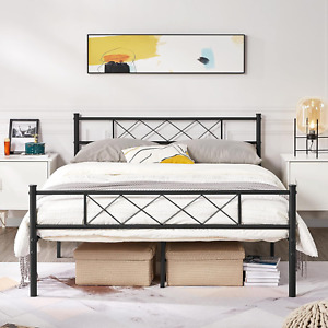 4Ft6 Double Bed, Metal Platform Bed Frame Solid Bedstead Base with Cross-Design 