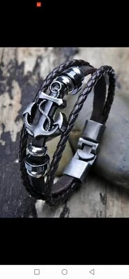 Braccialetto Uomo con Ancora e cordoncino cuoio - Immagine 1 di 2