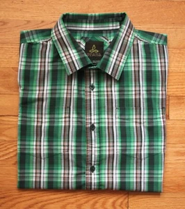 PRANA - Camisa de campamento a cuadros verde frontal con botones de manga corta para hombre - Talla: L - Imagen 1 de 4