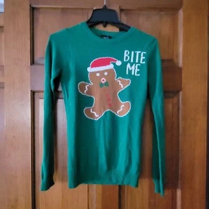 Junior's Small Christmas Sweater Gingerbread Bite Me - Picture 1 of 4