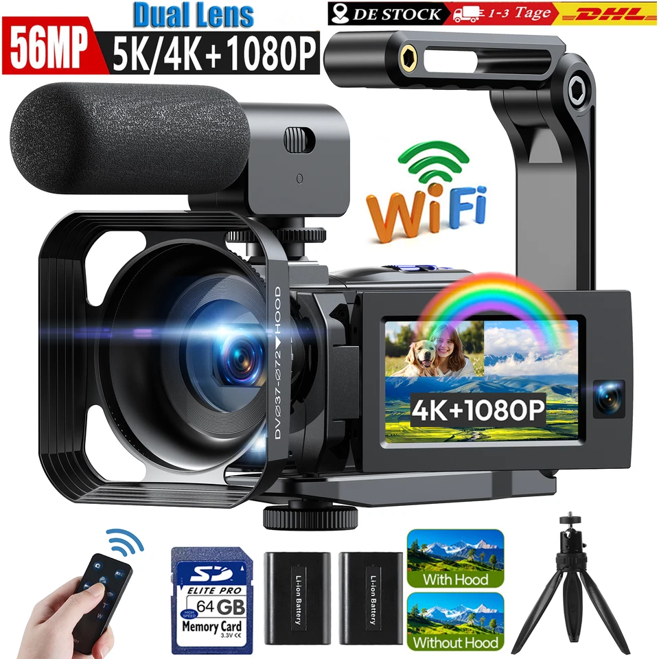CAMPARK 5K Videokamera 56MP Doppelobjektiv Camcorder IR-Nachtsicht Digitalkamera 16XZoom