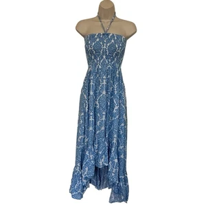 NWOT Blue Ginger Strapless Asymetrical Halter Dress Size Small Blue/White Print - Picture 1 of 7
