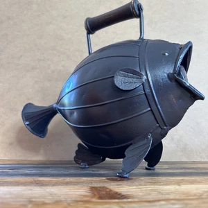 Fish Shaped Metal Water Can Garden Decor Wooden Handle Whimsical Nautical Style - Picture 1 of 11