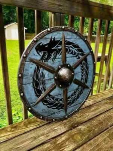 Medieval Larp Warrior Wood & Steel Viking Round shield Armor Dragon shield - Picture 1 of 3