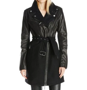 BCBG MAX AZRIA Johnna Leather & Wool Moto Jacket Asymmetrical Zip Front Coat XS - Picture 1 of 12