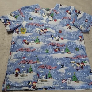 Peanuts Snoopy I Want A Dog For Christmas Charlie Brown Scrub Top Shirt - Picture 1 of 12