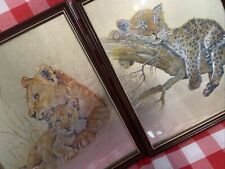 Vintage Framed FOIL Art M FENNELL lion and leopard prints  Retro Silver Gold Art