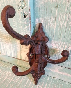 Wall Mount 3 Hook Decor Brown Cast Iron Rustic Vintage New 5 1/2 x 4 inches - Picture 1 of 2