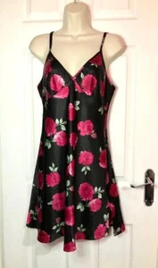 BHS Womens Black & Red Rose Floral Pattern Satin Style Short Nightie Size 10 uk - Picture 1 of 11