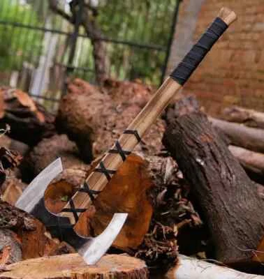 Hacha vikinga hecha a mano de acero al carbono de doble cabeza con funda de cuero hacha de camping Foto 1 de 4