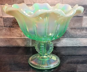 Fenton Iridescent Willow Green Opalescent Rim Beaded Footed Bowl 95th Anniversar - Picture 1 of 11