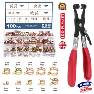 100 Pcs Spring Hose Clips With Hose Clamp Plier 10 Sizes Hose Clips 6-22mm NEW - Picture 1 of 10