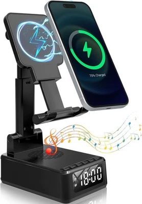 4合1蓝牙扬声器闹钟带无线充电器和手机支架,全新 — 第 1/4 张图片