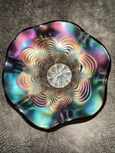 Fenton Peacock Tail Violet Amethyst Purple Carnival Glass Ruffled Bowl - Picture 1 of 6