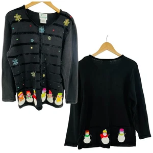 Vintage The Quacker Factory Sweater Size L Zip Beaded Embroidered Snowman Black - Picture 1 of 16