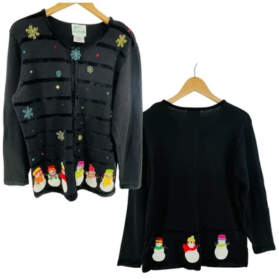 Vtg The Quacker Factory Sweater L Christmas Beaded Embroidered Snowman Cardigan - Image 1 of 4
