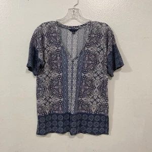 LUCKY BRAND white purple blue geometric v neck short Dolman sleeve knit top S - Picture 1 of 8