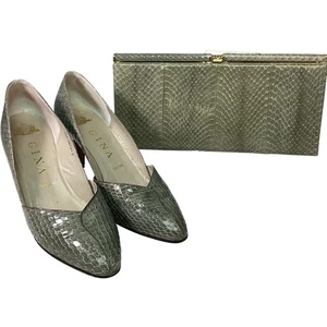 GINA London Pointed Toe Heels & Clutch UK5 Women's Python Leather Green VINTAGE - Picture 1 of 16