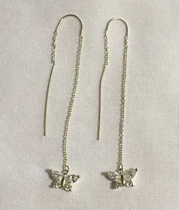Vintage Sterling Silver 925 & Gold Plated CZ THREADER BUTTERFLY Earrings - Picture 1 of 5