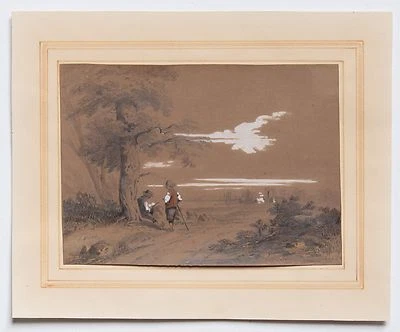 JULES NOEL DESSIN "JEUNE DESSINATEUR ASSIS SOUS UN ARBRE avec SPECTATEUR" - Photo 1/4