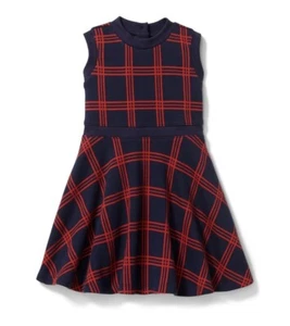 Janie and Jack JACQUARD WINDOWPANE DRESS Girls Size 7 Button Navy Red Flare EUC - Picture 1 of 5